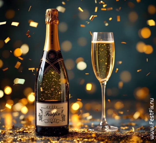 Bilden visar en Champagne flaska, ett glas bubbel och konfetti. En nyårskväll med utvalt tema.