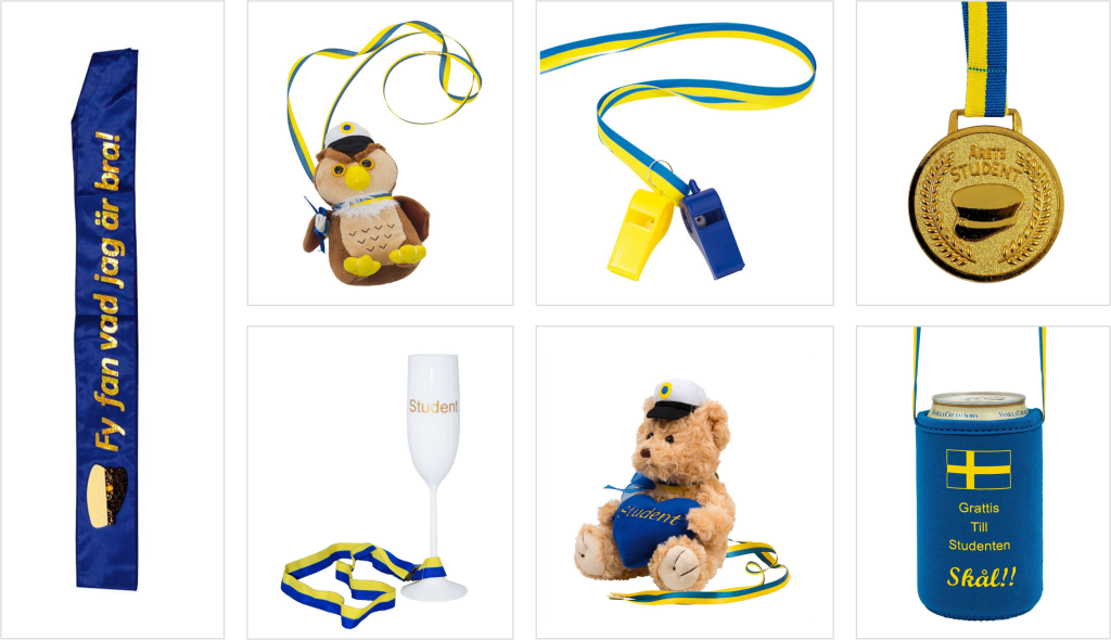 Artiklar på olika saker att hänga runt halsen vid studentfirande - reklam från Partykungen.se