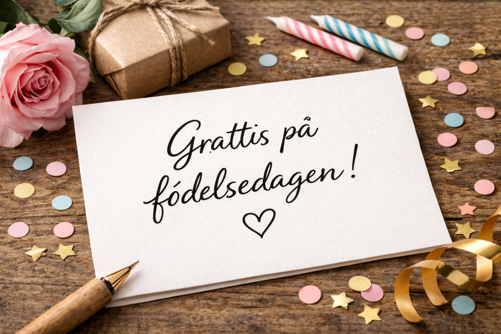 Födelsedagskort handskrivet med en penna framför och konfetti