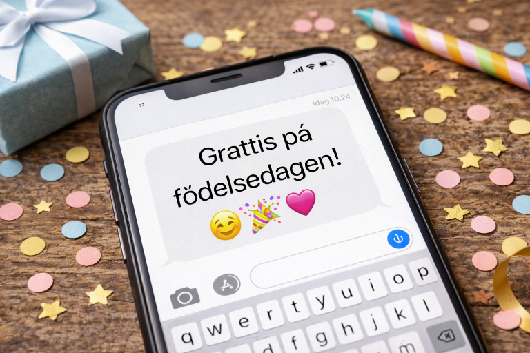 En mobil på ett bort med Grattis hälsning mottagen