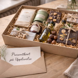 En vacker presentbox med choklad, te, kaffe och små delikatesser i varm hemmamiljö