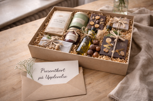 En vacker presentbox med choklad, te, kaffe och små delikatesser i varm hemmamiljö