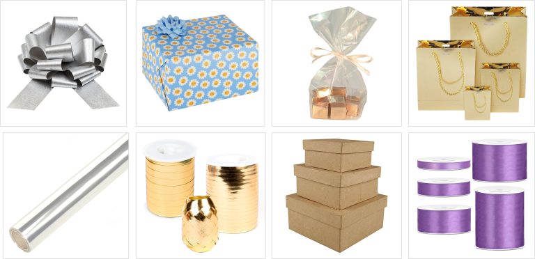 Reklam för Partykungen.se. Tips och förslag på olika föremål anpassade för presentinslagning. Tex. snöre, cellofan, presentpapper, rosett, presentpåse och kartonger