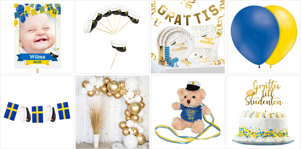 Reklam från Partykungen på olika artiklar till studenten. Bilden visar ballonger, vimplar, studenntskylt, flaggor med mera