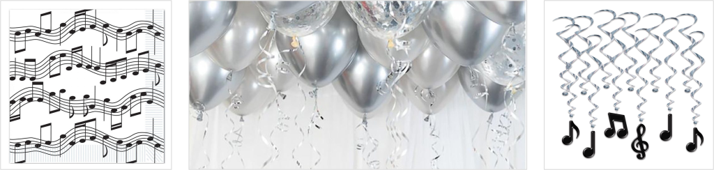 Reklam för Partykungen.se med bilder på dekorations material för festen som ballonger, servetter och girlanger med musiknoter på